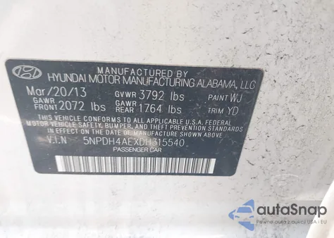 2013 Hyundai Elantra Gls z USA, uszkodzony, nr VIN 5NPDH4AEXDH315540